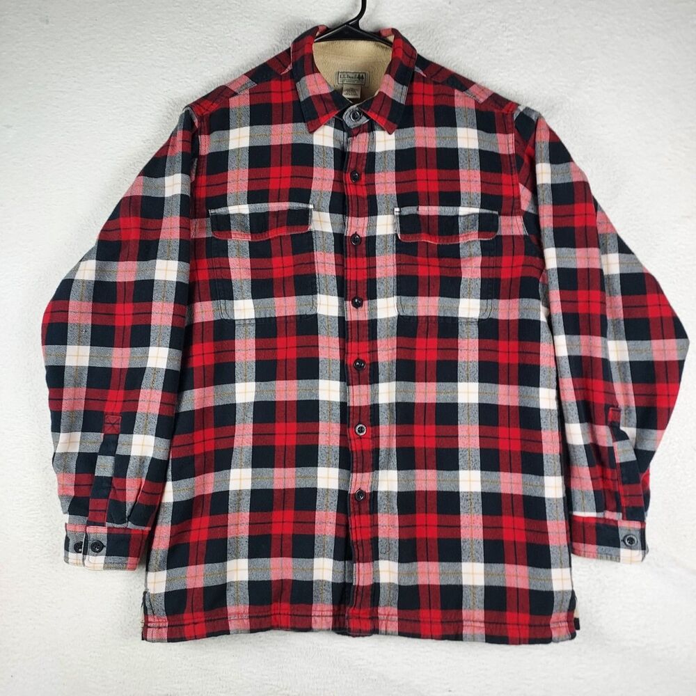 LL Bean Mens Red Plaid Fleece Lined Flannel Shirt Medium Chore Jacket